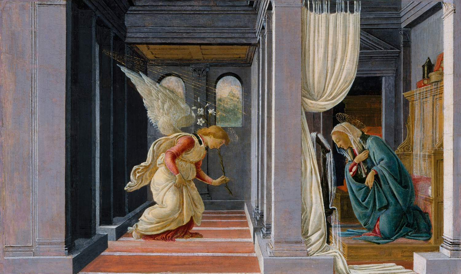 THE ANNUNCIATION, by Botticelli, 1485-92, Italian Renaissance painting, tempera, gold on wood. The Annunciation takes place in classical architecture interior delineated with one-point perspective  (BSLOC_2017_16_45)